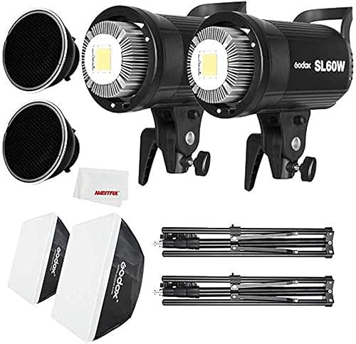 Godox Luz de video LED SL-60W y caja de luz, soporte de luz, rejilla de panal compatible con estudio de fotografía de estudio de cine (2 unidades)