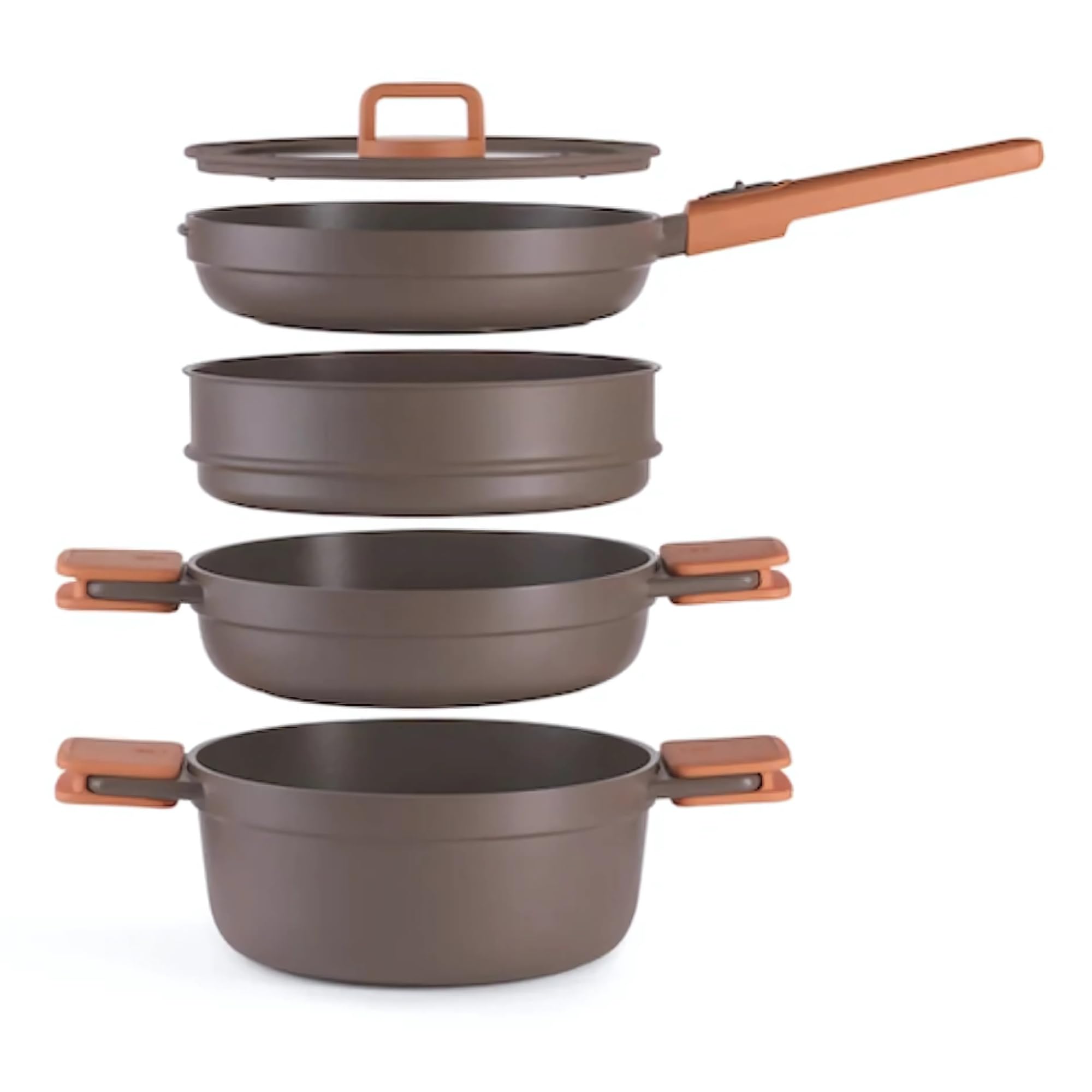 BRA Juego de 5 piezas de batería de cocina apilable antiadherente para placa de inducción con sartén de 24 cm, cazuelas altas y poco profundas, vaporera y tapa de vidrio templado. Juego de utensilios