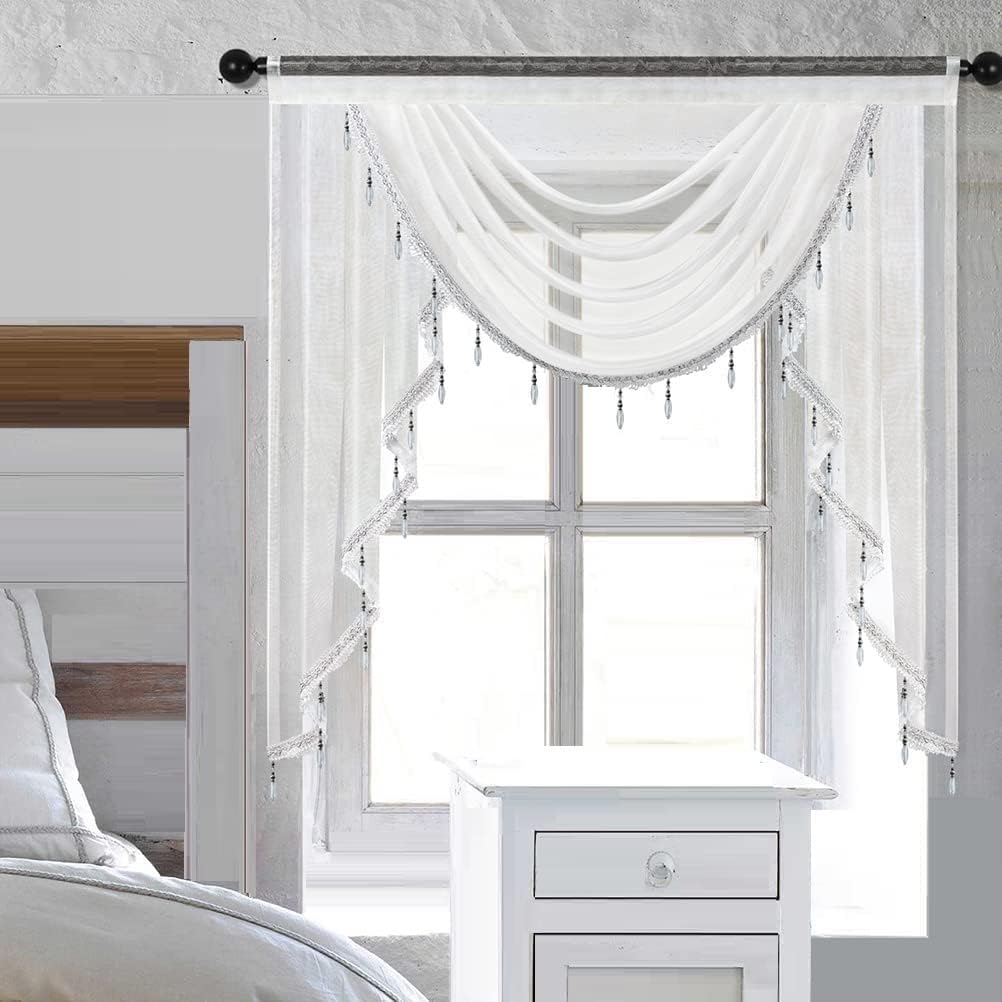 European White Sheer Valance Solid Color Waterfall Swag for Living Room Luxury Window Treatment for Bedroom, Rod Pocket Top 1 Panel 39 inches Wide