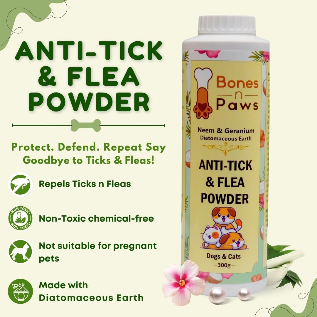 Bones ‘N’ Paws Anti-Tick & Flea Powder for Dogs & Cats | with Diatomaceous Earth, Neem, Geranium & Essential Oils | Kills Lice, Flea Eggs, Bacteria | Soothes Skin & Controls Odor (300 GRAM) 1