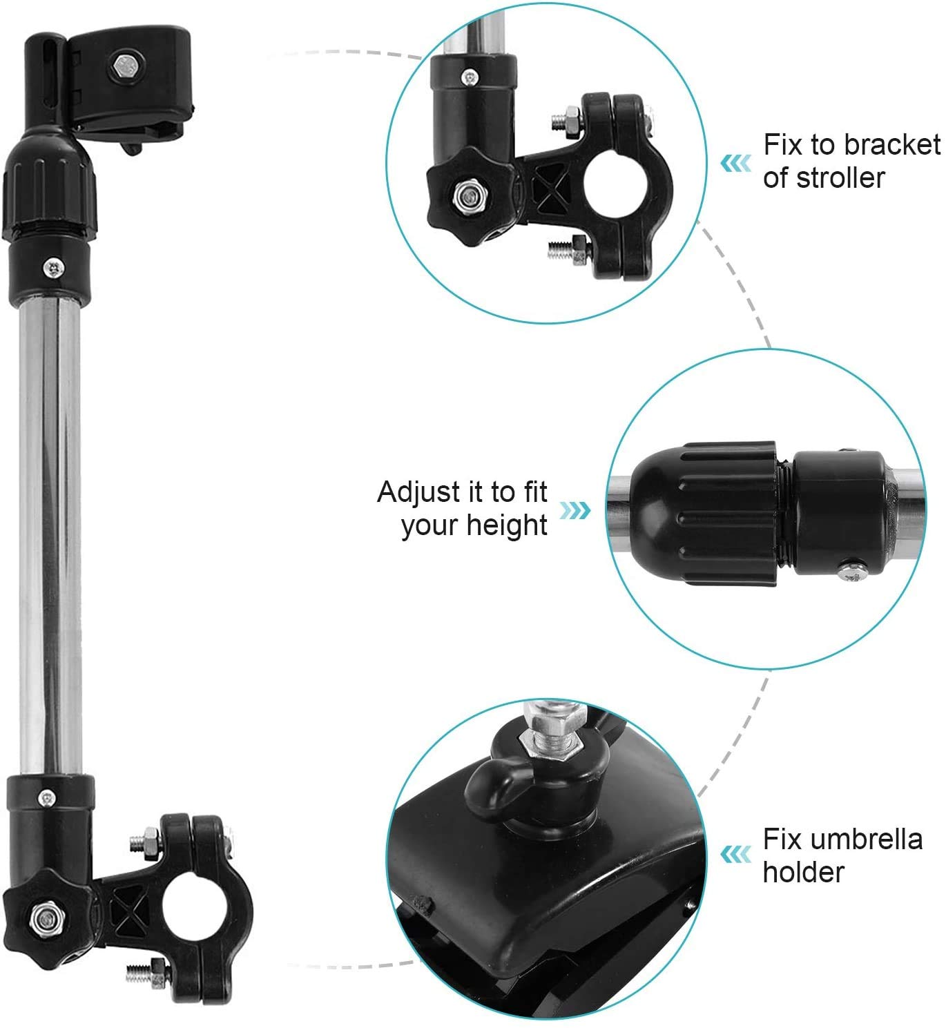 Soporte de paraguas de bicicleta, soporte de paraguas retráctil multifuncional 360 ° Roated acero inoxidable para cochecito de bebé cochecito de bicicleta