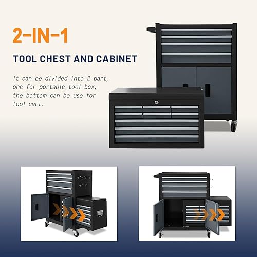 Vista 6 de Cofre de herramientas con ruedas de doble puerta de 13 cajones, 2 en 1, caja de herramientas desmontable 2 en 1, caja de herramientas con cajones