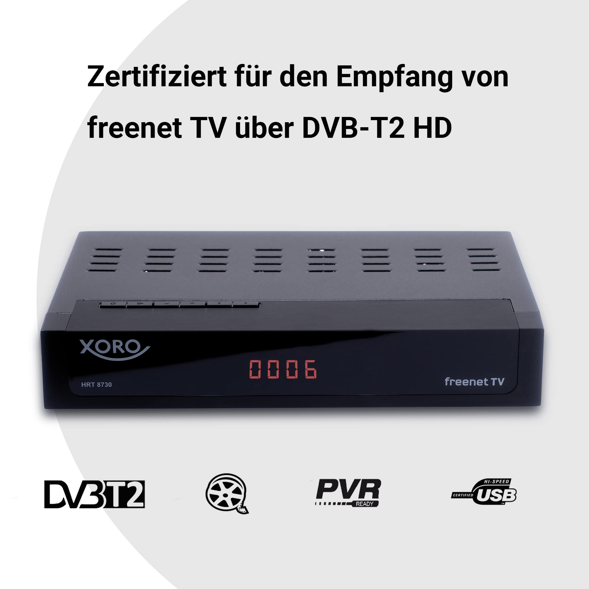 XORO Odbiornik DVB-C/T2 Combo HRT 8730 Hybrid z odtwarzaczem multimedialnym USB, PVR Ready, Timeshift, wbudowanym systemem dostępu Irdeto do Freenet TV i 6 miesięcy
