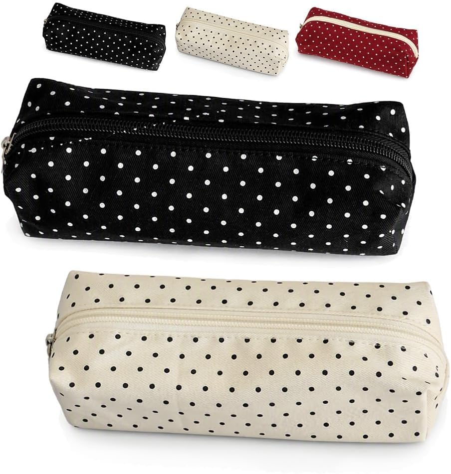 Cute Pencil Case Polka Dot Vintage Coquette Aesthetic Pouch (Black+Beige)