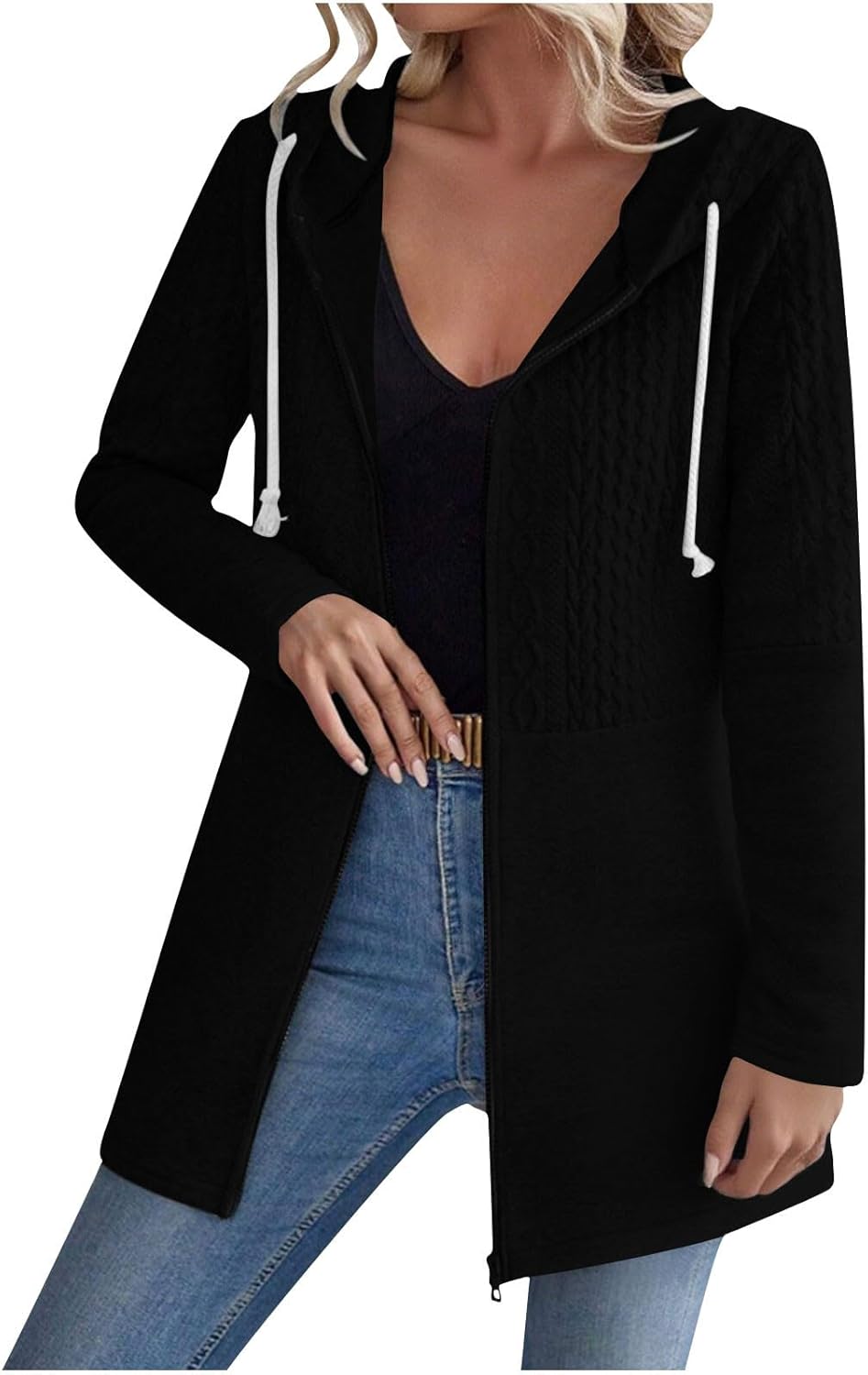 Lmdudan Women's Cable Knitted Zip Up Jackets Long Sleeve Drawstring Hoodies Top 2025 Fall Winter Warm Outerwear Coats