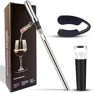 Wine Bottle chill Stick, Aerator and Non-drip Pourer, Decanter. 3 in 1. Stainless Steel Rod for Freezer. Foil Cutter and Vacuum Stopper. Rapid Chilling. Iceless Wine Cooler