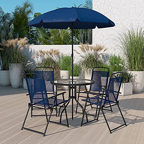 Flash Furniture GM-202012-NV-GG Nantucket 6-Piece Patio Dining Set With Glass Table, 4 Folding Chairs, And Umbrella thumb #1