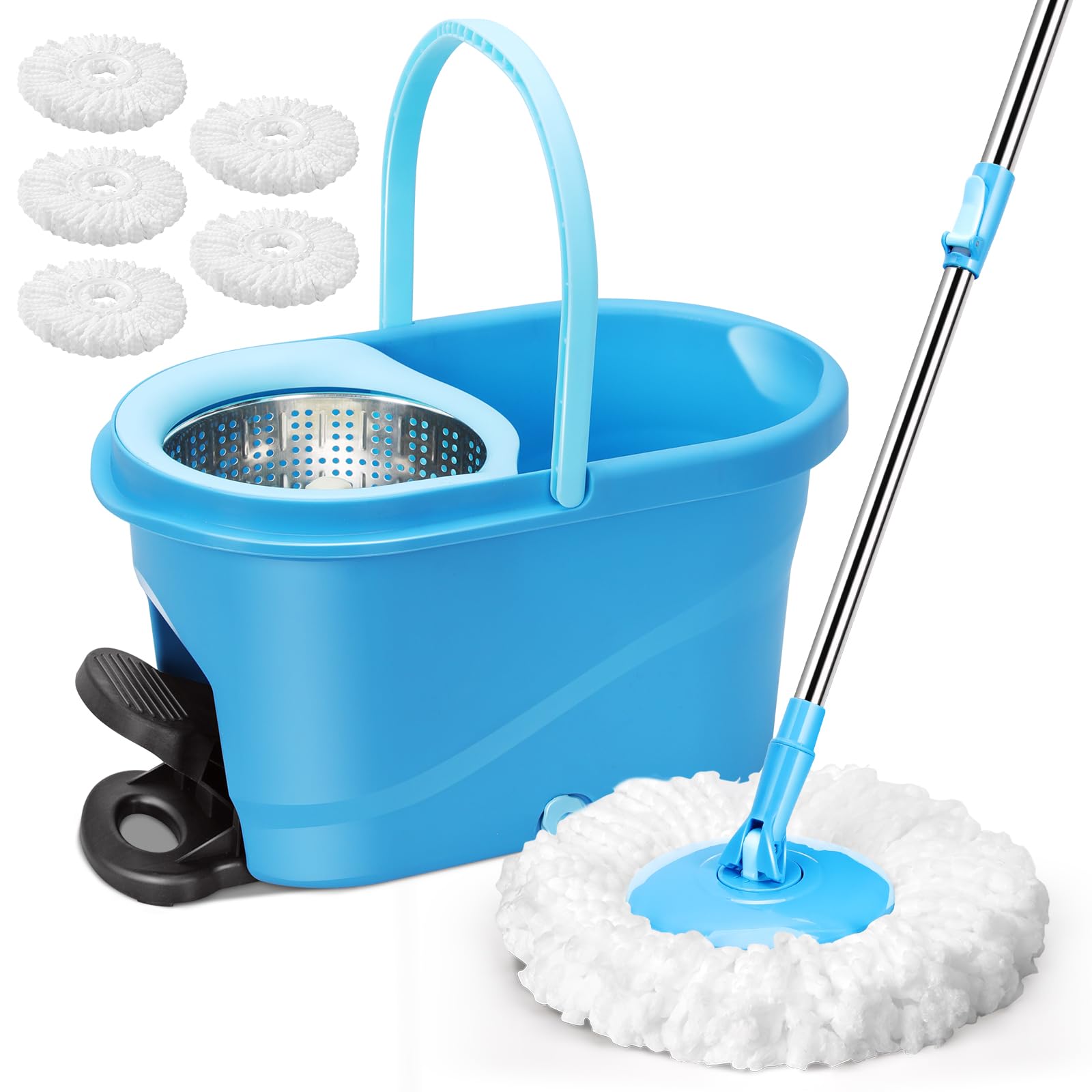 HEVOL Set de Serpillière avec Seau pour Le Nettoyage Sol, Seau Essoreur à Pédale et Balai à Franges en Microfibre, Serpillère Rotative 360° et 5 Tampons pour Le Nettoyage Sol, Carrelés, Bleu Pâle