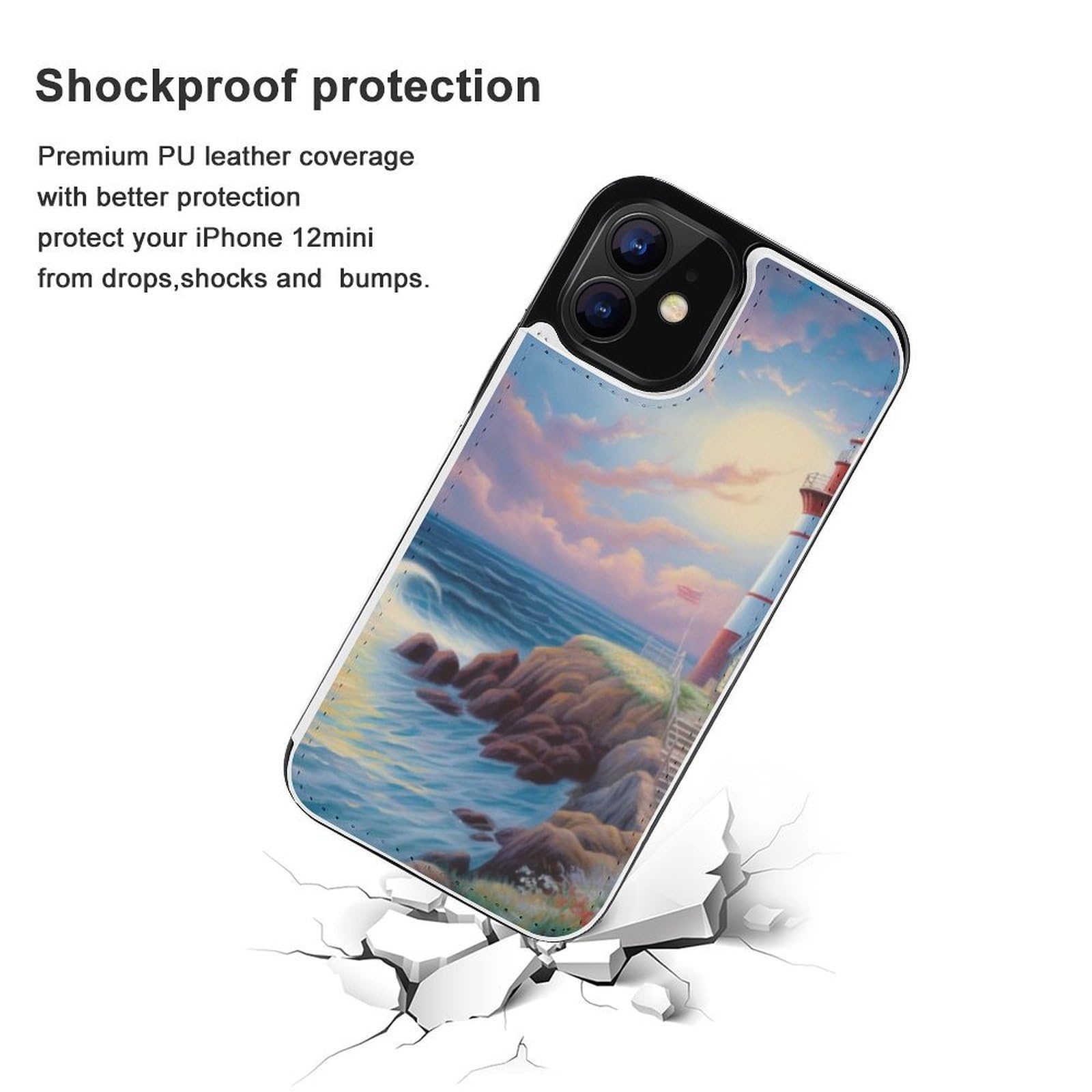 Funda tipo cartera para iPhone 12 Mini, diseño de faro, con estampado de diamantes, funda de piel con ranuras para tarjetas