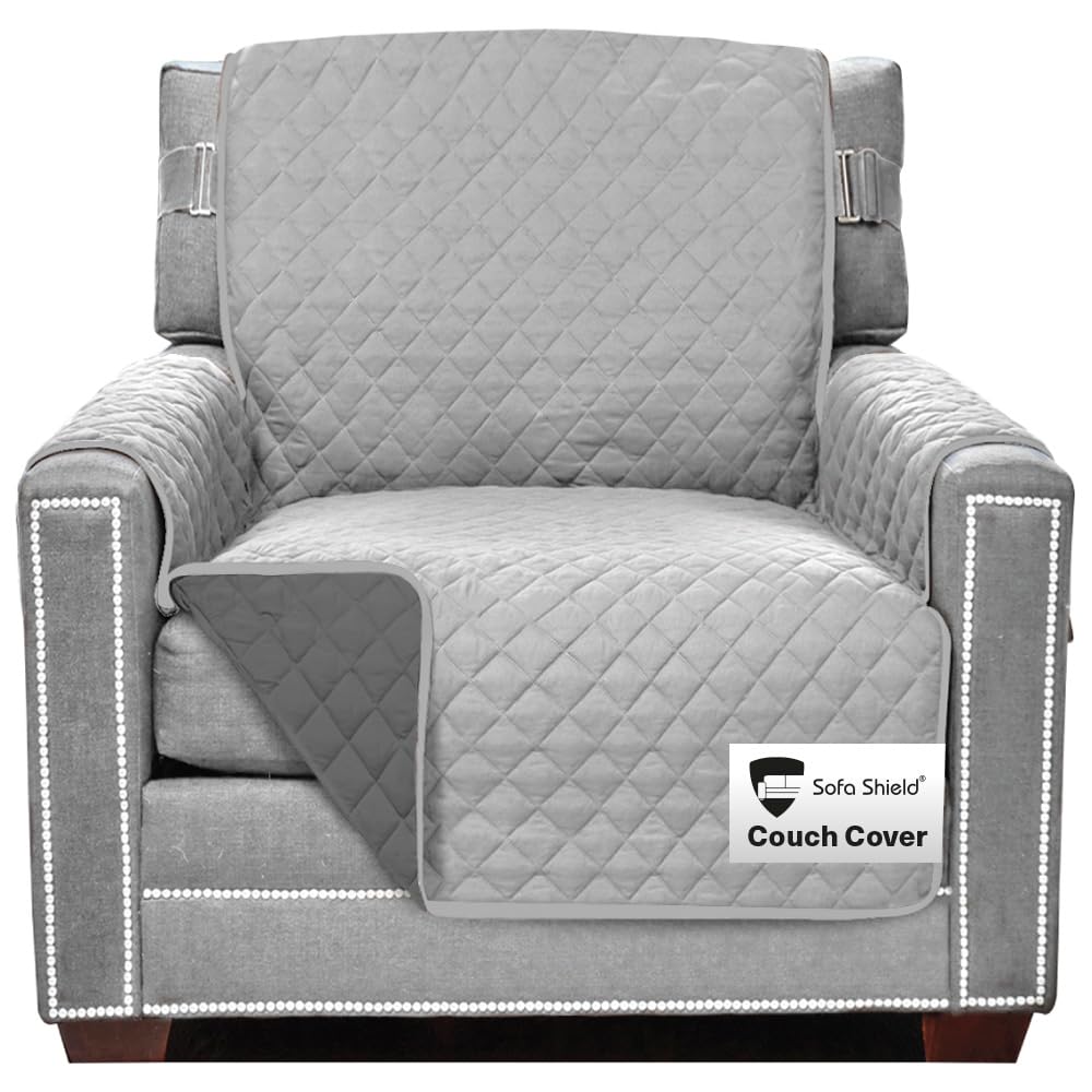 Sofa Shield Couch Armchair Covers for Dogs, Reversible Furniture Protector with Strap, Stain and Tear Resistant Cushion Cover, 23 inch Seat, Machine Washable Slipcover Pets, Cats, Light Gray Charcoal