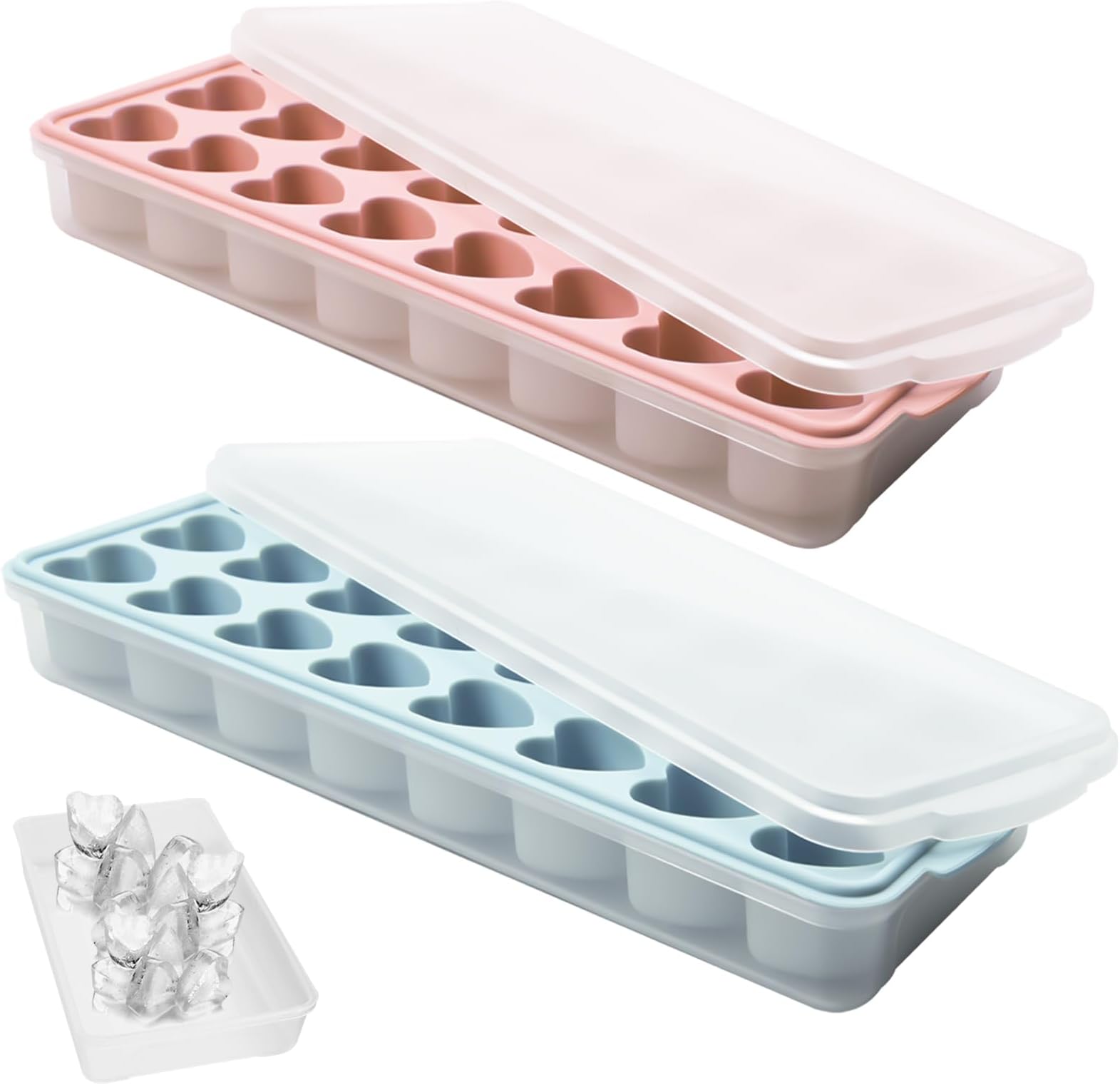 2 Pack Heart Shpaed Ice Cube Trays with Lids and Bins Ice Molds with Ice Storage Box, 48 Holes Silicone Heart Ice Cube Tray for Whiskey Cocktail Fun Shapes Cubes, with Lids & Bins