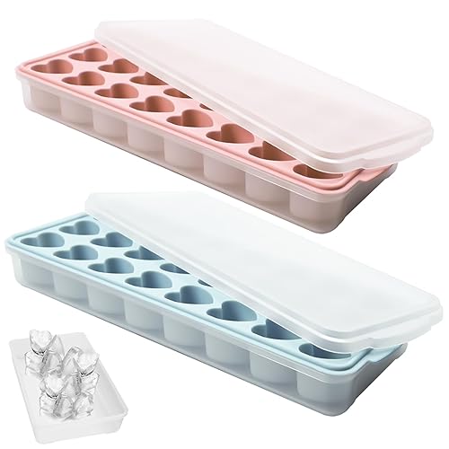2 Pack Heart Shpaed Ice Cube Trays with Lids and Bins, Heart ice Molds with Ice Storage Box, 48 Holes Silicone Heart Ice Cube Tray for Whiskey Cocktail Fun Shapes Ice Cubes, with Lids & Bins Blue Pink - Blue+Pink - with Lids & Bins