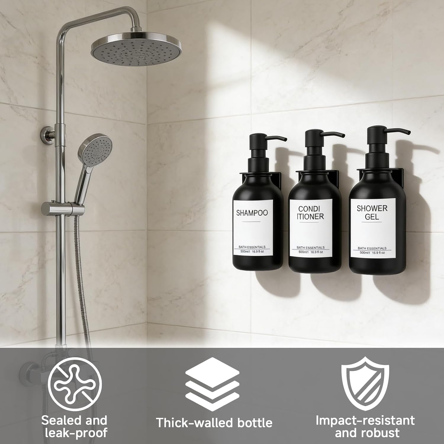 Seifenspender Wandbefestigung, 500ml Shampoo Flaschen zum Befüllen,3er Set Seifenspender Matt aus Glas, Badezimmer Seifenspender Set, Spender Pumpkopf Edelstahl,Pumpflasche + Aufkleber， 3 Stück