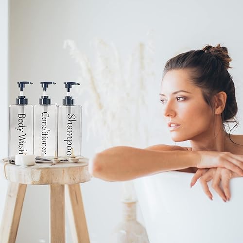 Miniatura 8 de Dispensador de champú y acondicionador (transparente, juego de 3, 27 onzas), botellas de champú y acondicionador recargables, juego de dispensador