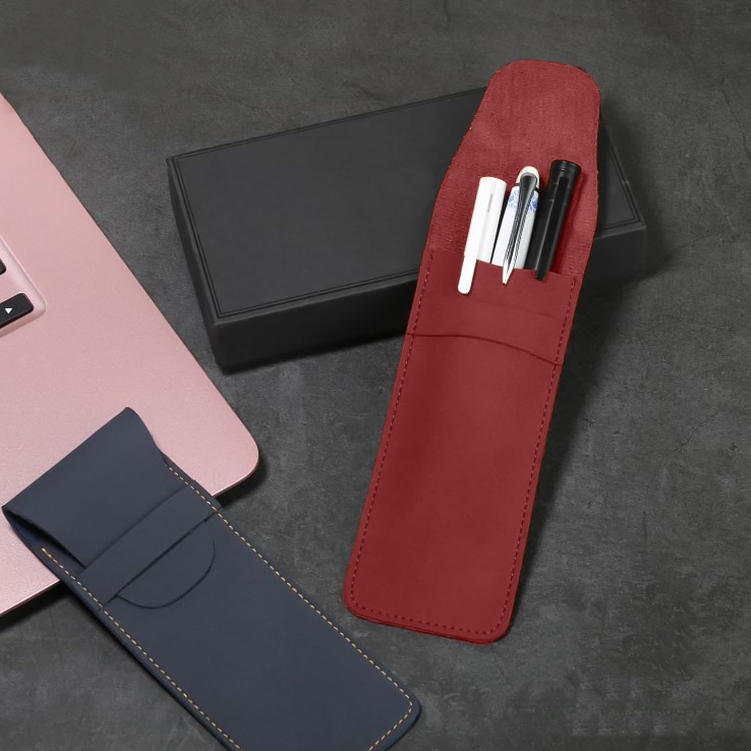 Piórnik ze skóry PU, 2 sztuki, etui ochronne, etui ochronne na długopisy, skórzane, do przechowywania długopisów, wielokolorowa, Retro