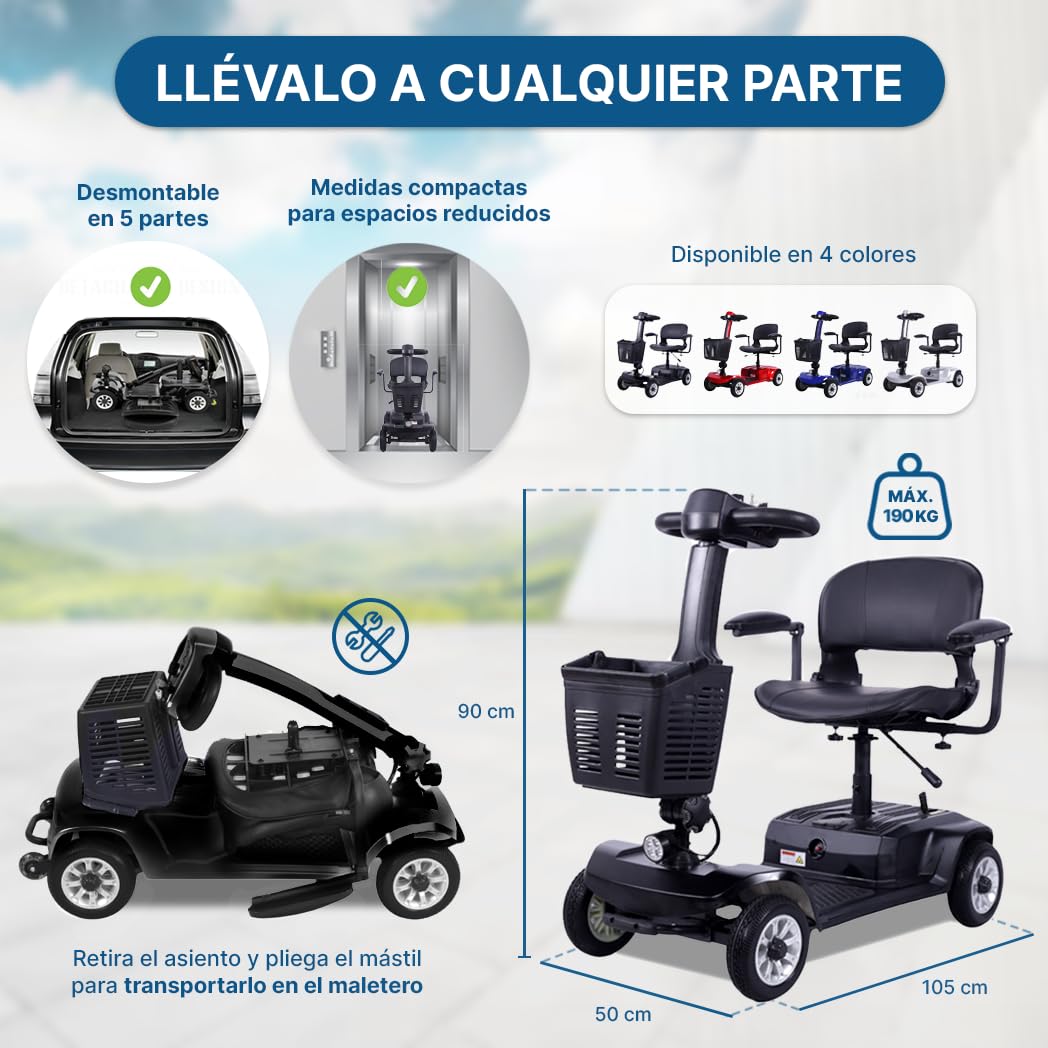 Vehículo Eléctrico Discapacitados Desmontable Muy Compacto 4 Ruedas Ideal Ascensores y Pasillos Asiento Regulable en Altura Resistente 190 Kg Dortomedical®