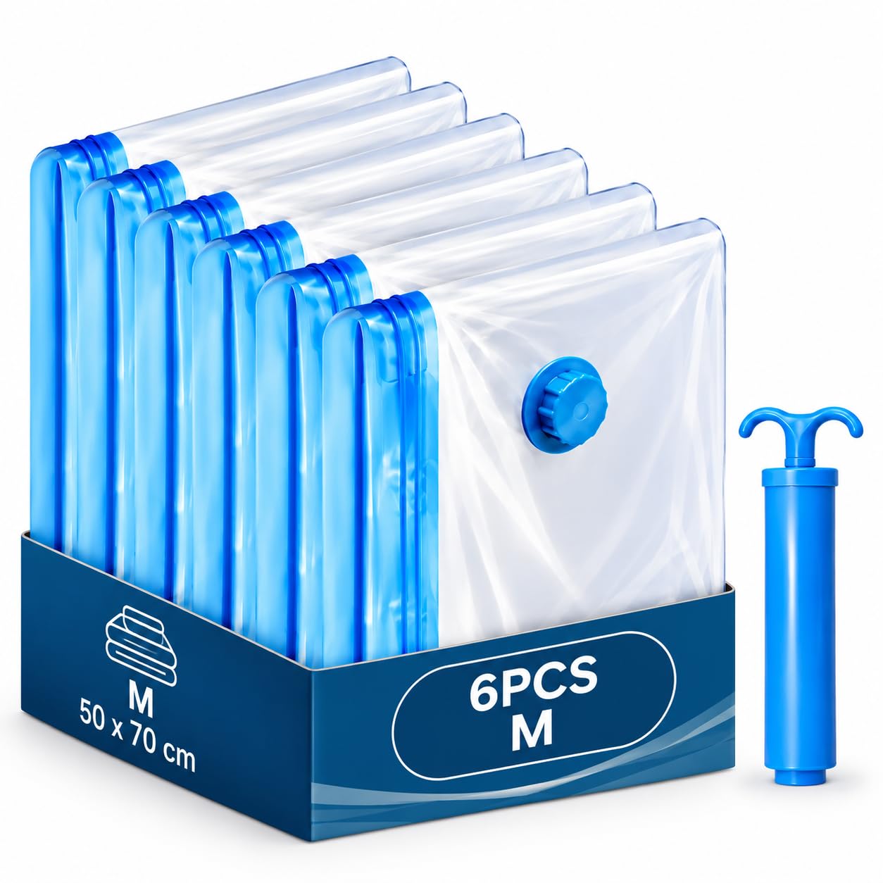 HomlyPro 6-Pack Vacuum Storage Bags, 50 x 70cm Medium with Hand Pump, Space Saver Compression Bags with Airtight Zip Seal for Clothes Storage, Bedding, Blankets, Home & Vacuum Bags for Travel