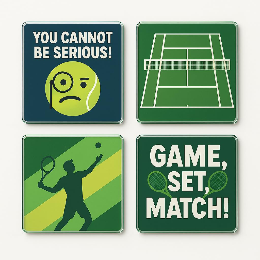 The Plum Penguin Tennis Whimsy Acrylic Coaster Gift Set Of 4 With Designs - Humorous Sports Fan Drinkware For Home Bar Décor