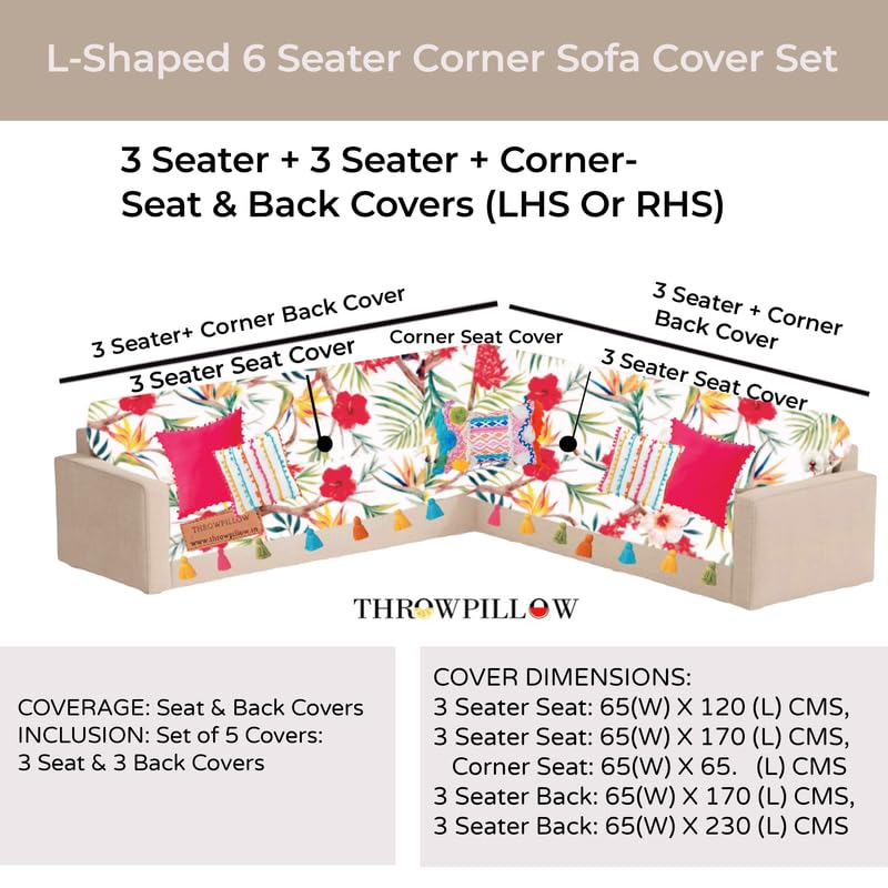Image of Neutral Tropical Floral Sofa Cover Tassels:Thick & Non-Slip Fabric, Fade & Tear Resistant, Easy Fit& :Fits 3+3 Seater+Corner Sofa, Coverage: Seat & Front Back -Set of 2 Seat Covers & 2 Back Covers