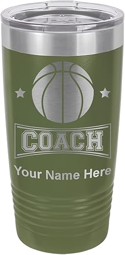 LaserGram Vaso aislado al vacío de 20 onzas, entrenador de baloncesto, grabado personalizado incluido (camuflaje verde)