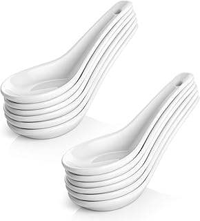 DOWAN 5.3" Asian Soup Spoons Set of 12 - White Ceramic Dessert Spoons- Perfect for Pho, Miso, Wonton, Ramen, Dumpling, Macaron - Dishwasher & Oven Safe