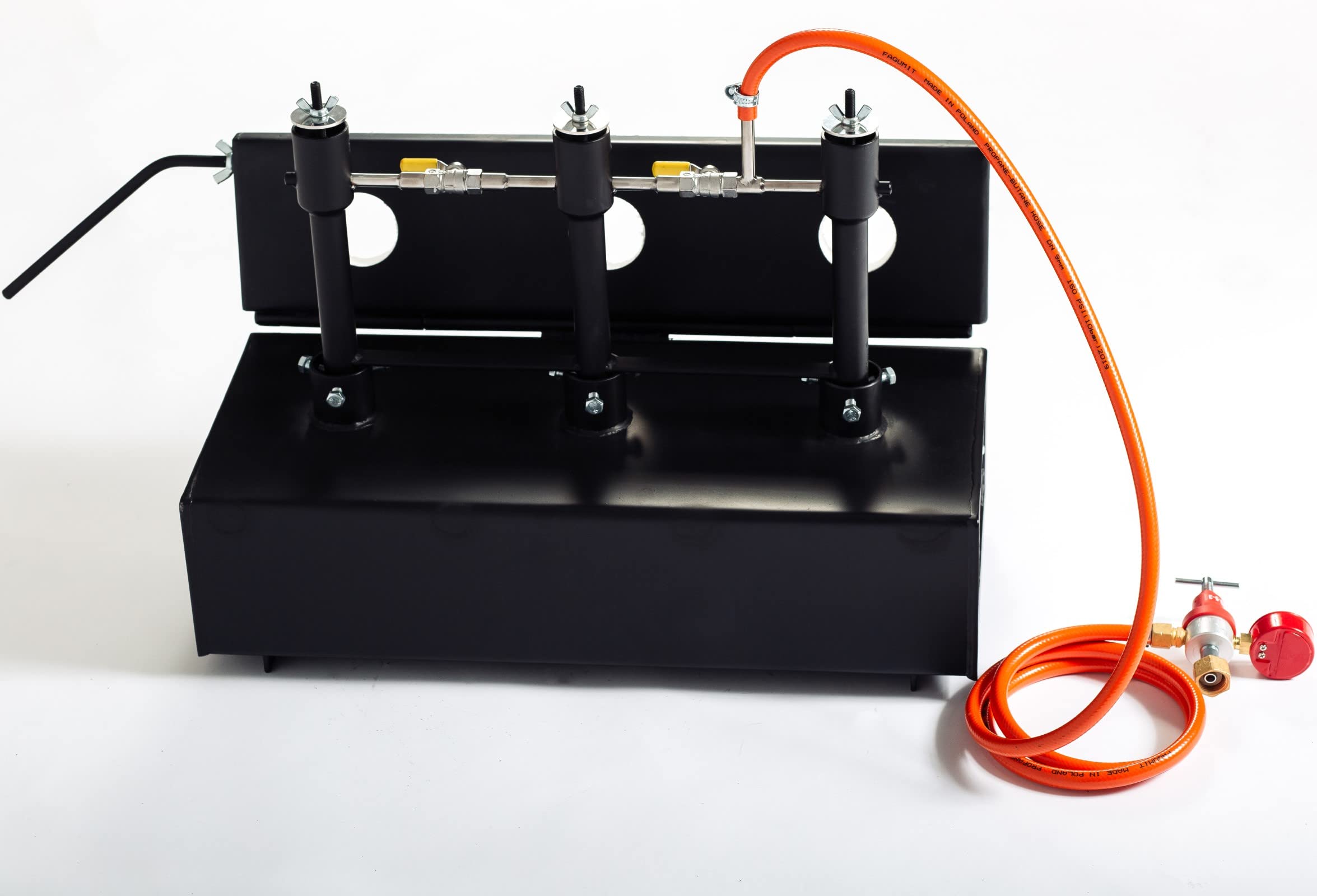 DEVIL-FORGE Fragua de gas DFHS3+1D/3.6” Horno de Forja, 3 Quemadores DFP (240.000 BTU) usas 1/2o3, Válvula de bola gas, Estrangulador de aire, 1 Puerta, cuchillos, herraduras, Herrero, Herrador 1370°C