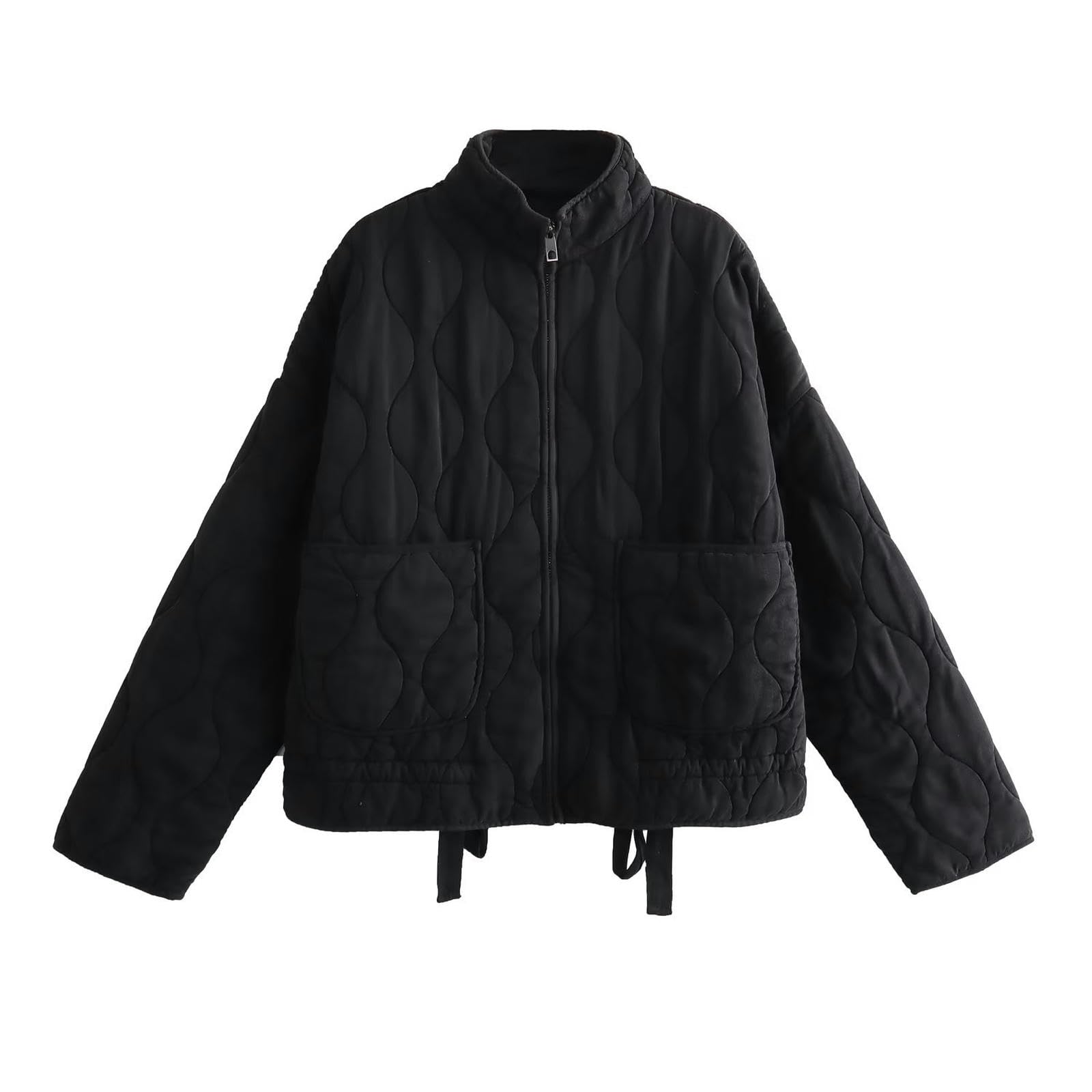 AYAZER Veste en coton à col montant et poches amples pour femmes, nouvelle collection automne et hiver, décontracté, col montant, losange