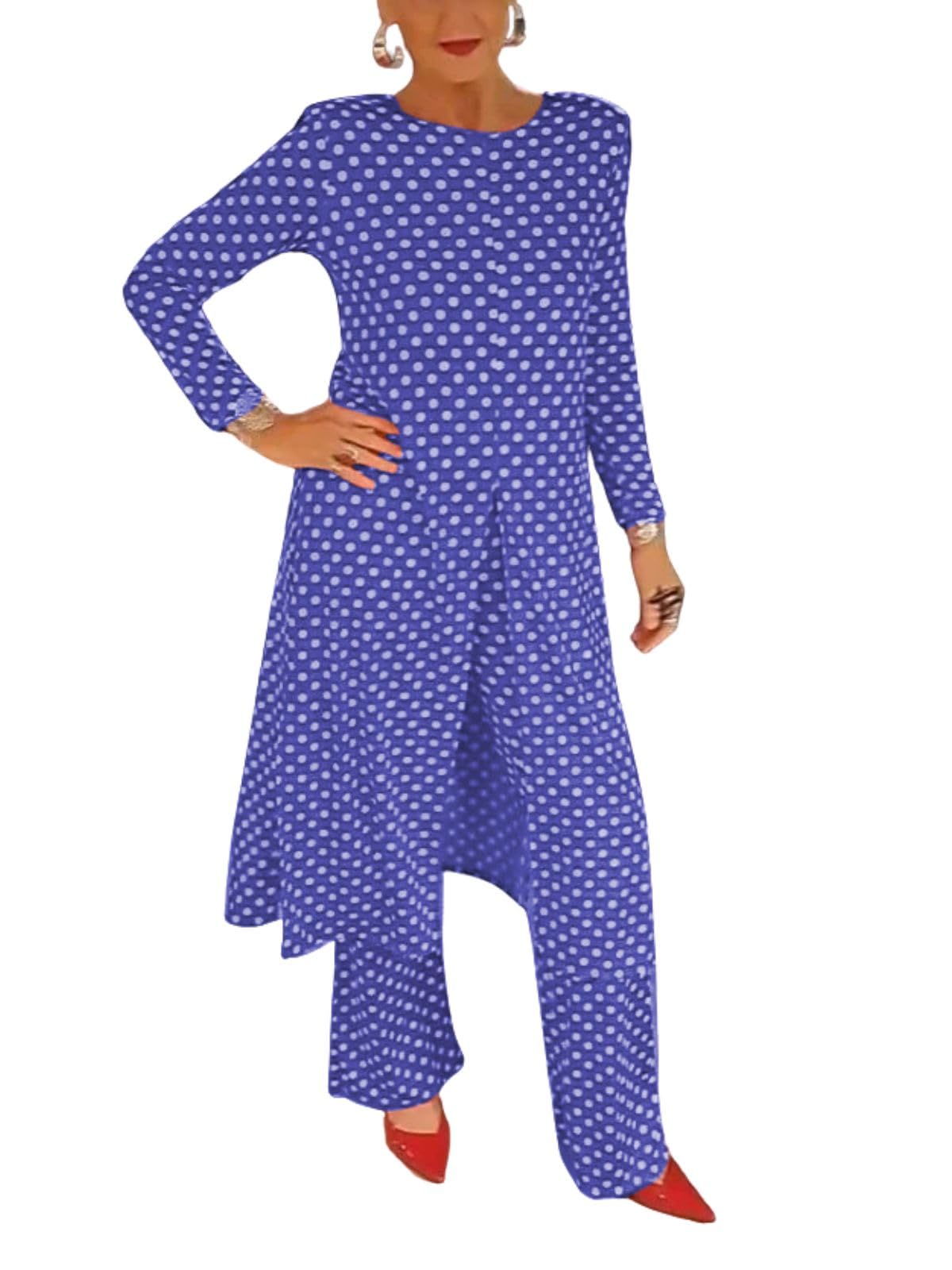 Womens Polka Dot Pant Suit 2 Piece Outfits Fall Long Tunic Tops and Wide Leg Pants Sets Matching