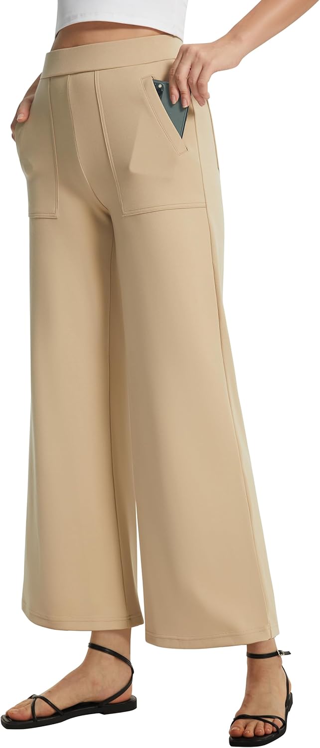 AFITNE Women's Wide Leg Yoga Dress Pants High Waist Stretchy Pull On Work Pants Cropped Casual Lounge Ankle Pants 26" Inseam Medium Khaki615 (Size M)