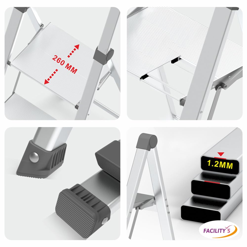 FACILITYS - Escabeau 3 Marches, Pliable en Aluminium, Ultra Compact 5,5 cm - Marche Pied Pliable, Léger 5,3 kg et Robuste, Charge 150 kg - Plateforme Antidérapante, 3ème Hauteur à 70 cm