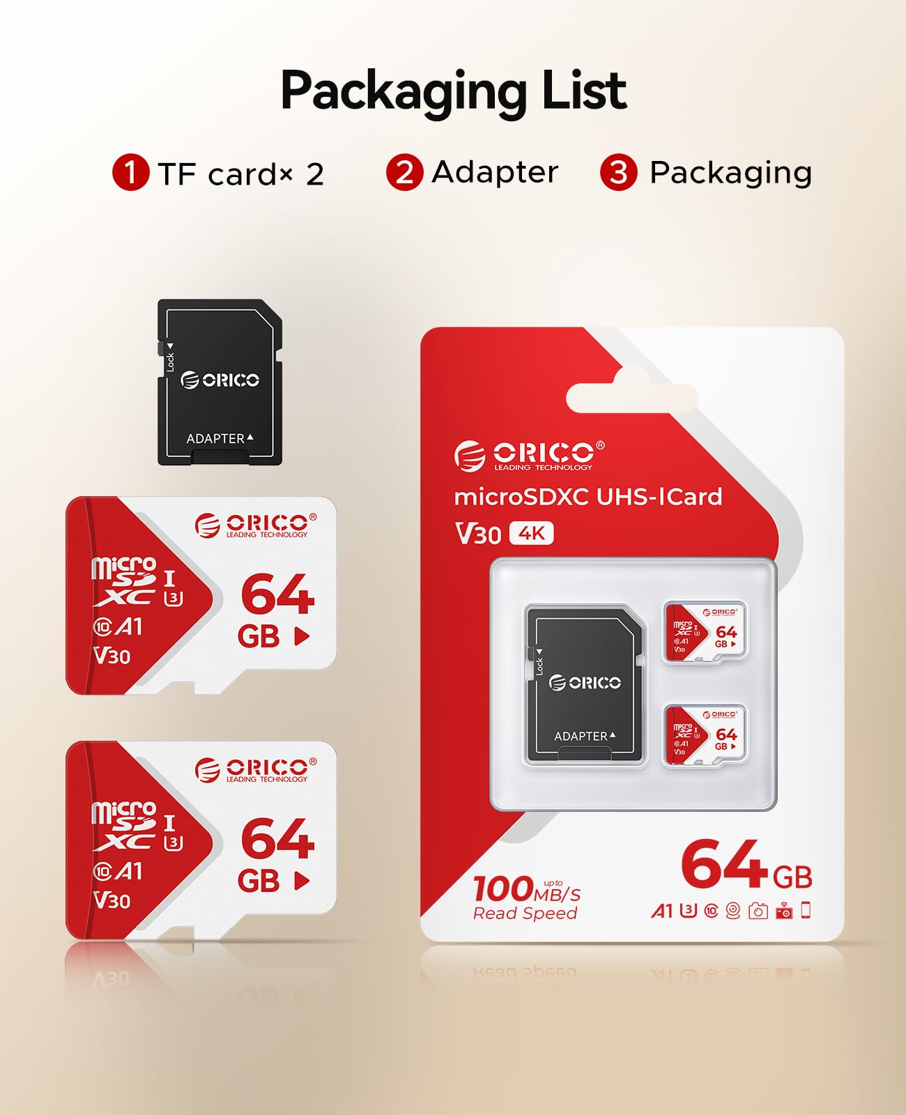 ORICO Karta Micro SD TF30 64 GB (zestaw 2 sztuk), 100 MB/s, 4K, Full HD | A1, C10, V30, U3,UHS-I, karta pamięci microSDXC, karta TF do smartfonów, kamer wbudowanych i kamery nadzoru