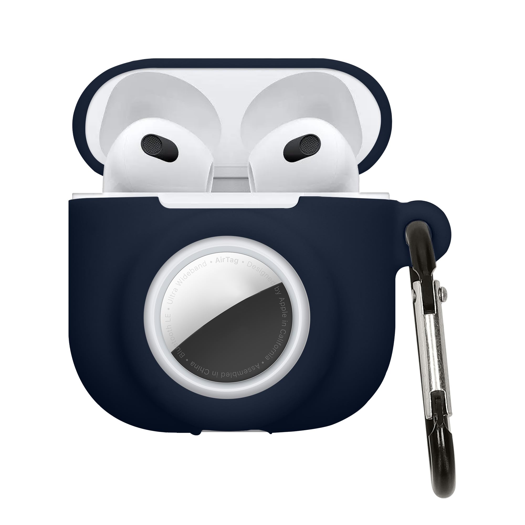 kwmobile Case Compatible with Apple Airpods 4 - Silicone Cover Compatible with AirTag - Storage with Carabiner - Dark Blue