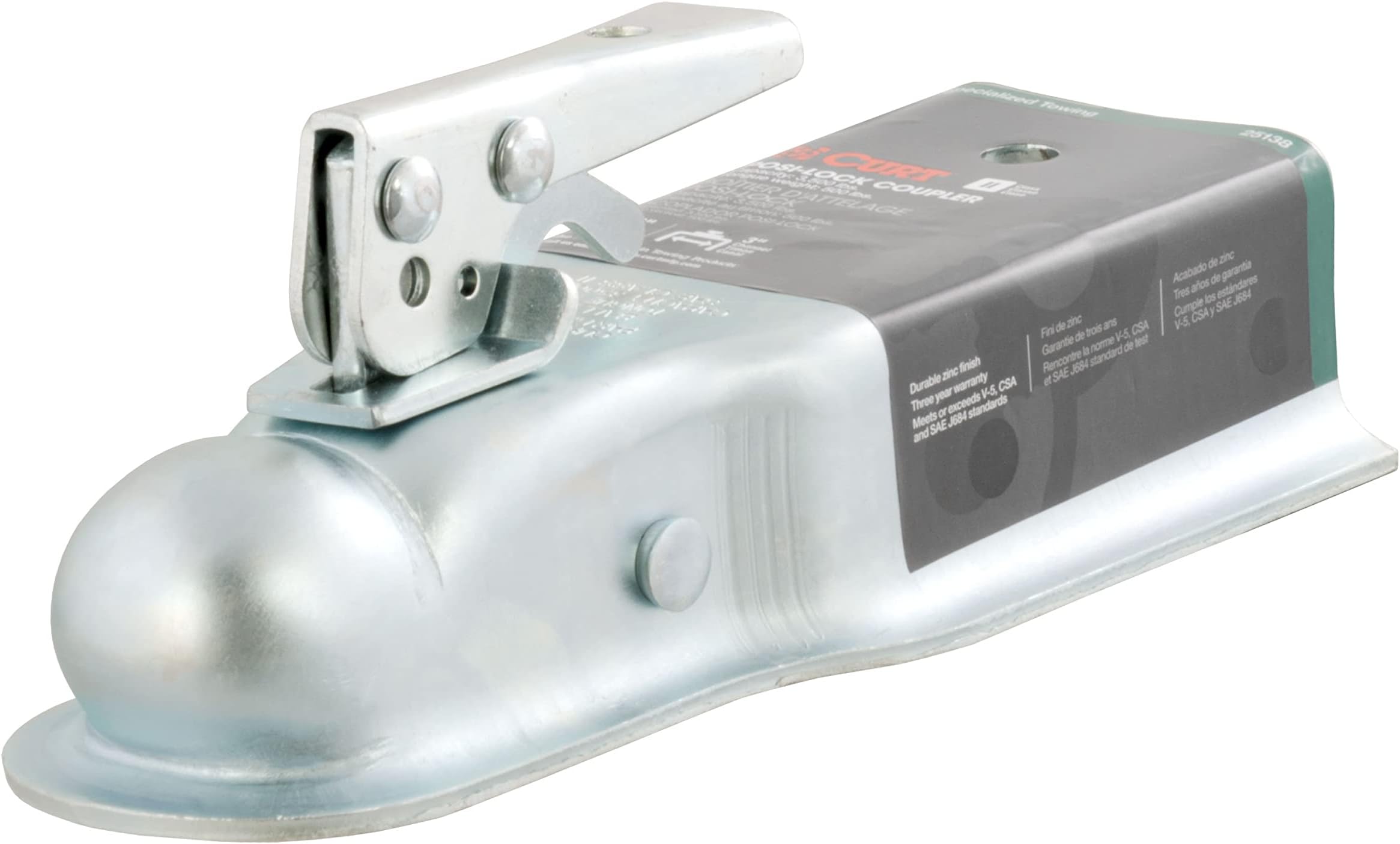 25138 Straight Tongue Trailer Coupler for 3-Inch Channel, 2-In Hitch Ball, 3,500 lbs, Alloy Steel, CLEAR ZINC