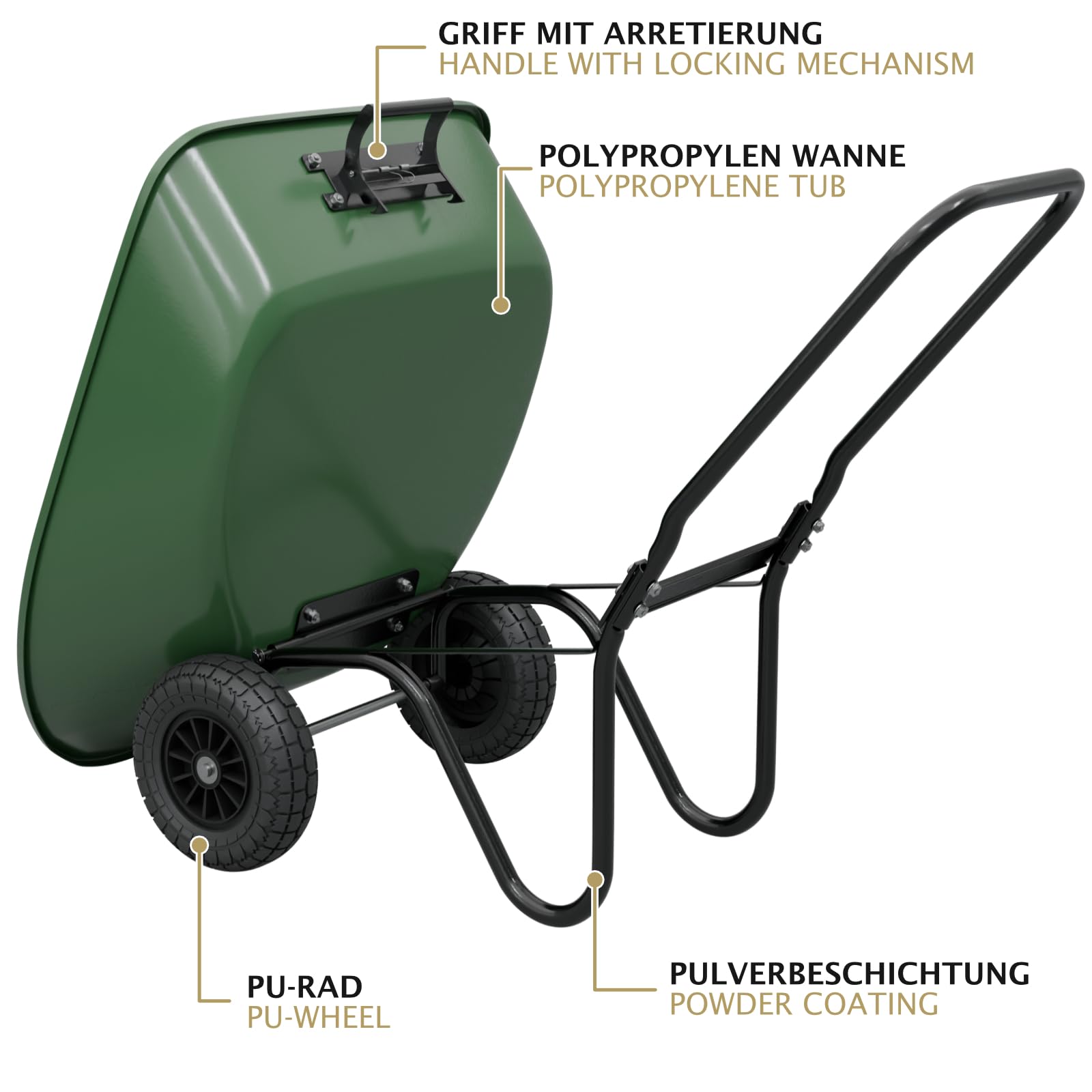 HAGO 24 | Carriola | Verde | Carrello da giardino | 78 l | 100 kg | Funzione ribaltabile | Vasca in PP | Telaio in acciaio | Ruote in PU | Carro cortile | Aiuto per il trasporto