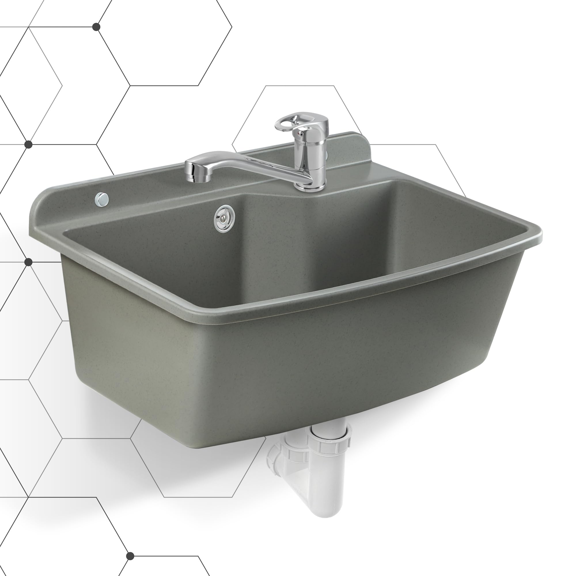 GOSPO Ausgussbecken mit stehende Armatur, Waschbecken 61 cm x 44 cm x 23,5 cm, Waschtrog mit Überlauf und Siphon, Spülbecken inkl. Zubehör, Waschraum (Grau)