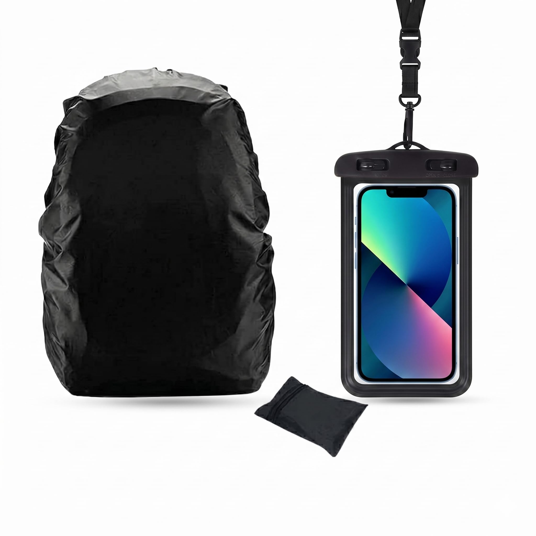 2 In 1 Waterproof Travel Kit | Backpack Rain Cover 30L-60L & IPX8 Mobile Pouch up to 7 Inch | Water Resistant Heavy Duty Nylon Bag Protector with Reflective Strip & Phone Dry Case - Black-image-47