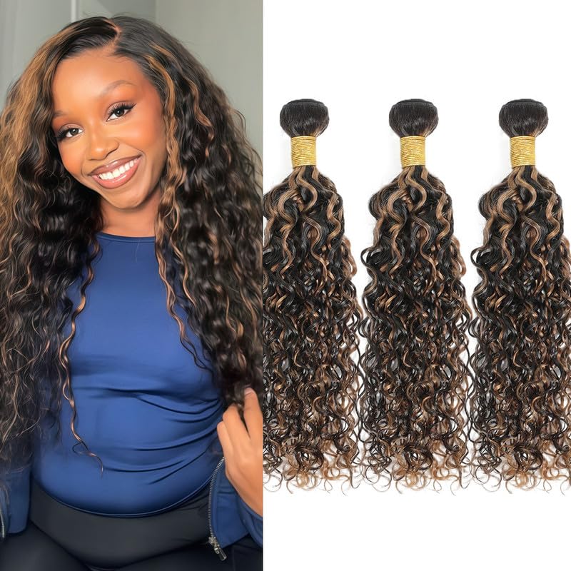 Brown Highlight Bundles Human Hair 18 20 22Inch Light Brown Water Wave Bundles Brazilian Virgin Hair Weave 3Bundles Hair Deal（Black and Brown，#p1b/30）