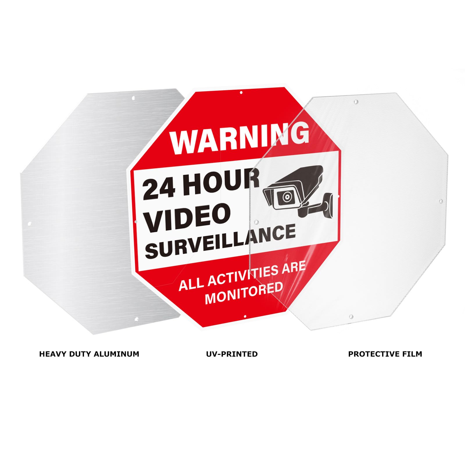 Paquete de 4 señales de advertencia de videovigilancia de 24 horas, todas las actividades están monitoreadas, 12 x 12 pulgadas, de aluminio resistente, reflectante, impermeable, señalización