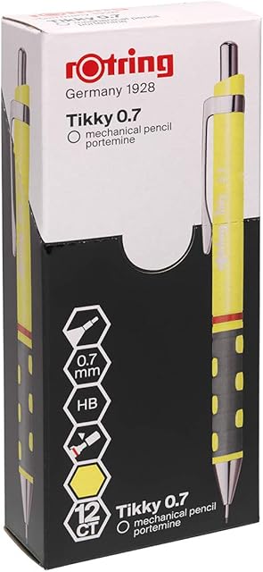rOtring Tikky ołówki mechaniczne, HB 0,7 mm, neonowe żółte beczki, liczba 12 sztuk