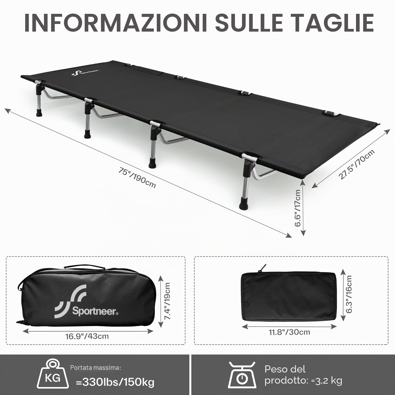 Sportneer Letto Pieghevole 190×70cm, Letto da Campeggio Portatile per Campeggio Carico Massimo 150 kg per Tenda, attività all'aperto, Escursioni, Viaggi, Spiaggia