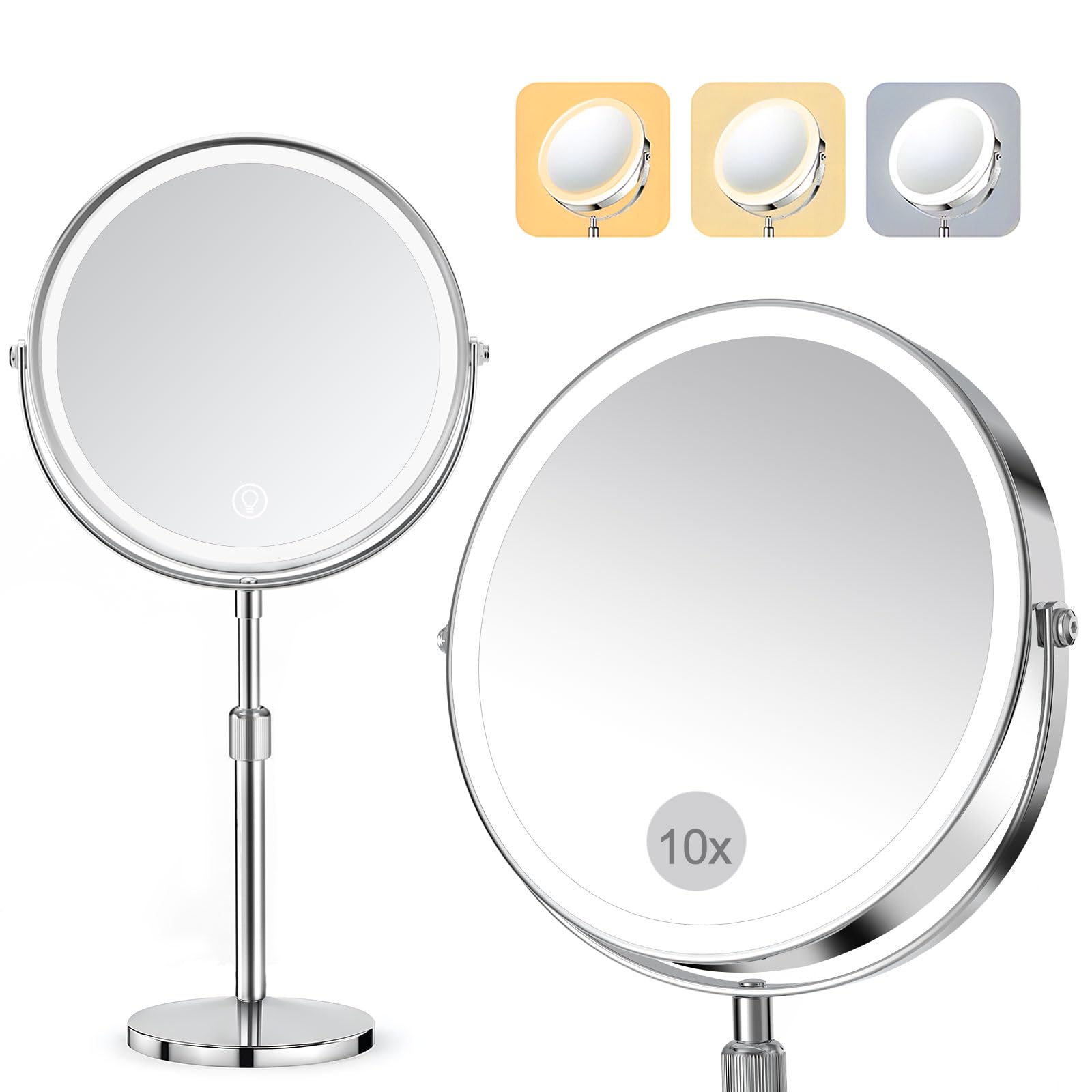 SURFOU 8-Inch Rechargeable Makeup Mirror with Lights - 10X/1X Magnifying Vanity Mirror with 3 Color Stepless Dimming, 360° Rotation, Height Adjustable & Detachable Base