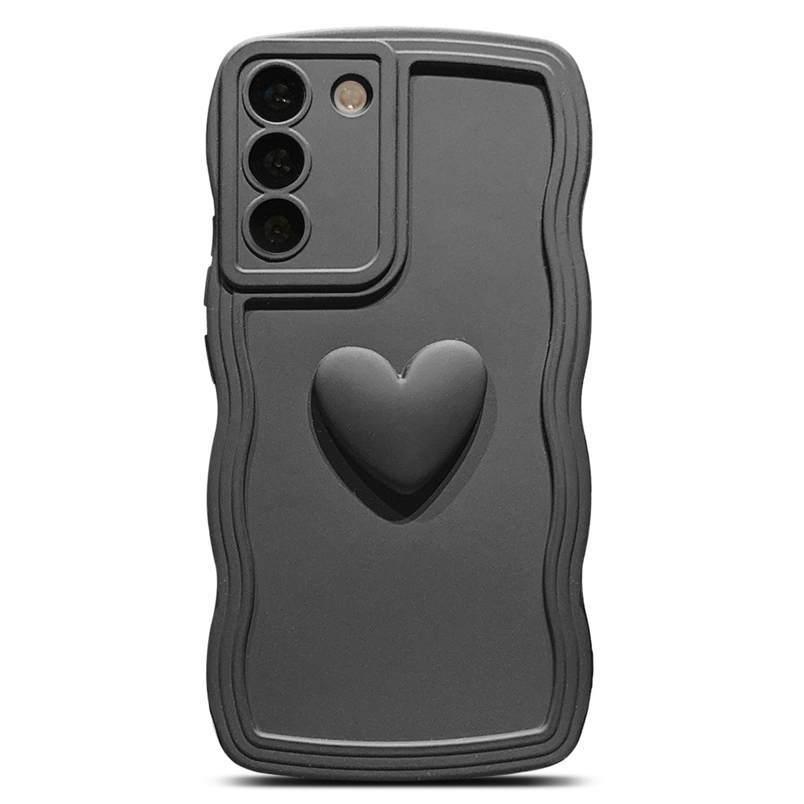 LYQZDT for Samsung Galaxy S21 FE 5G Case, Cute Kawaii 3D Love Heart Solid Color Curly Wavy Camera Lens Cover Shockproof Soft Silicone Phone Cover 6.4 Inch for Women (Black)
