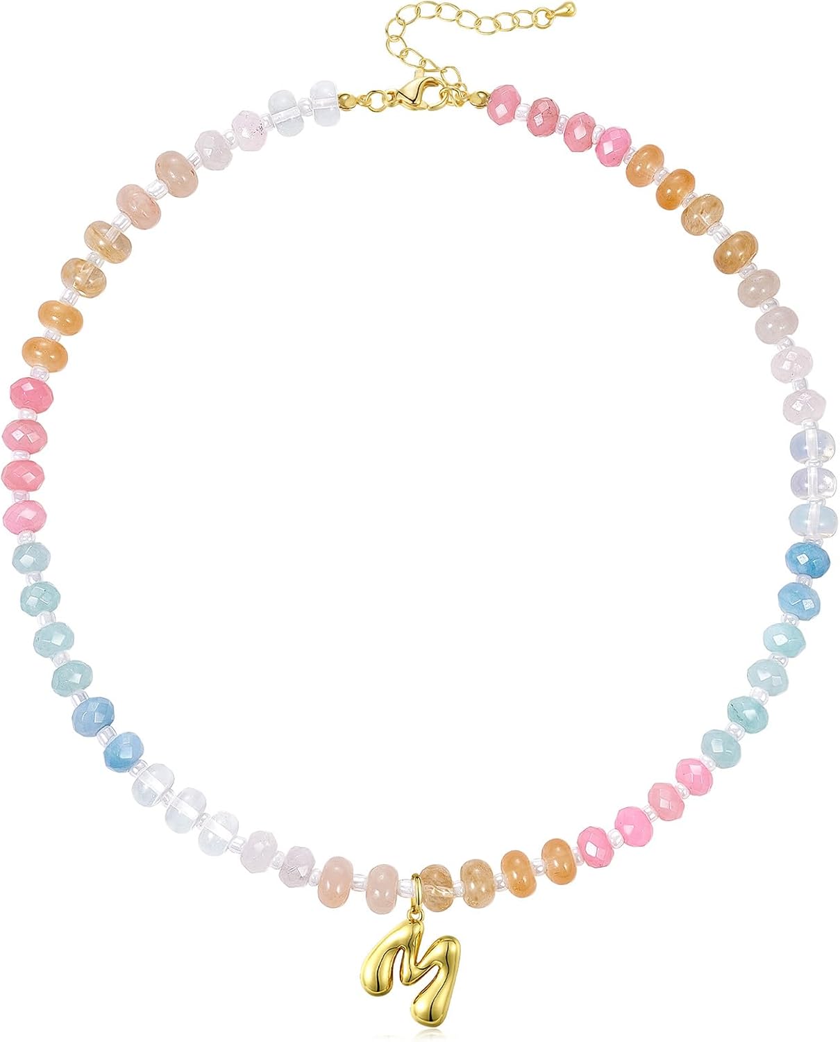 KissYan Initial Necklaces for Women, Colorful Beaded Gemstone Choker 14K Gold Bubble Letter Pendant Necklace Natural Stone Summer Beach Handmade Jewelry Gift