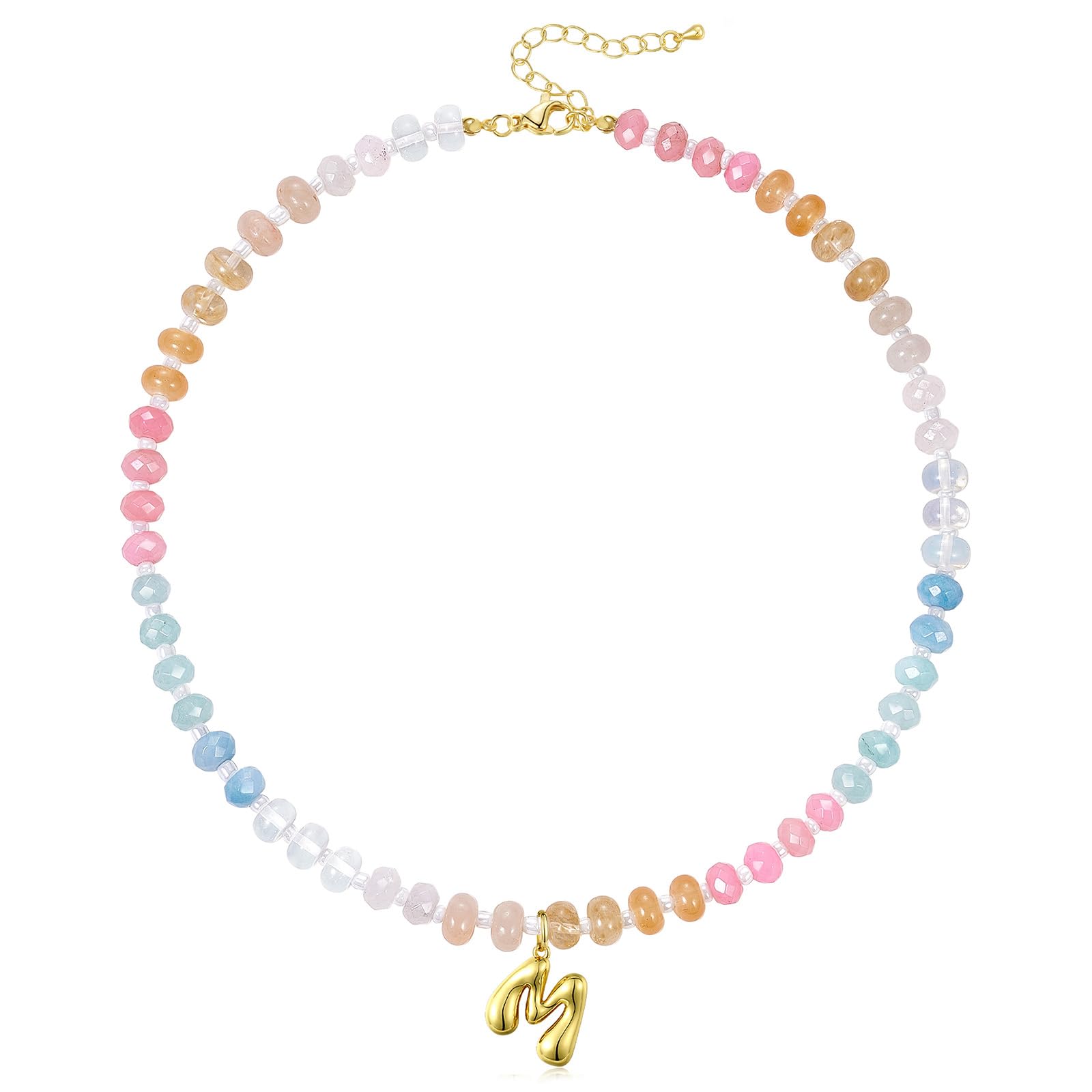 KissYan Initial Necklaces for Women, Colorful Beaded Gemstone Choker 14K Gold Bubble Letter Pendant Necklace Natural Stone Summer Beach Handmade