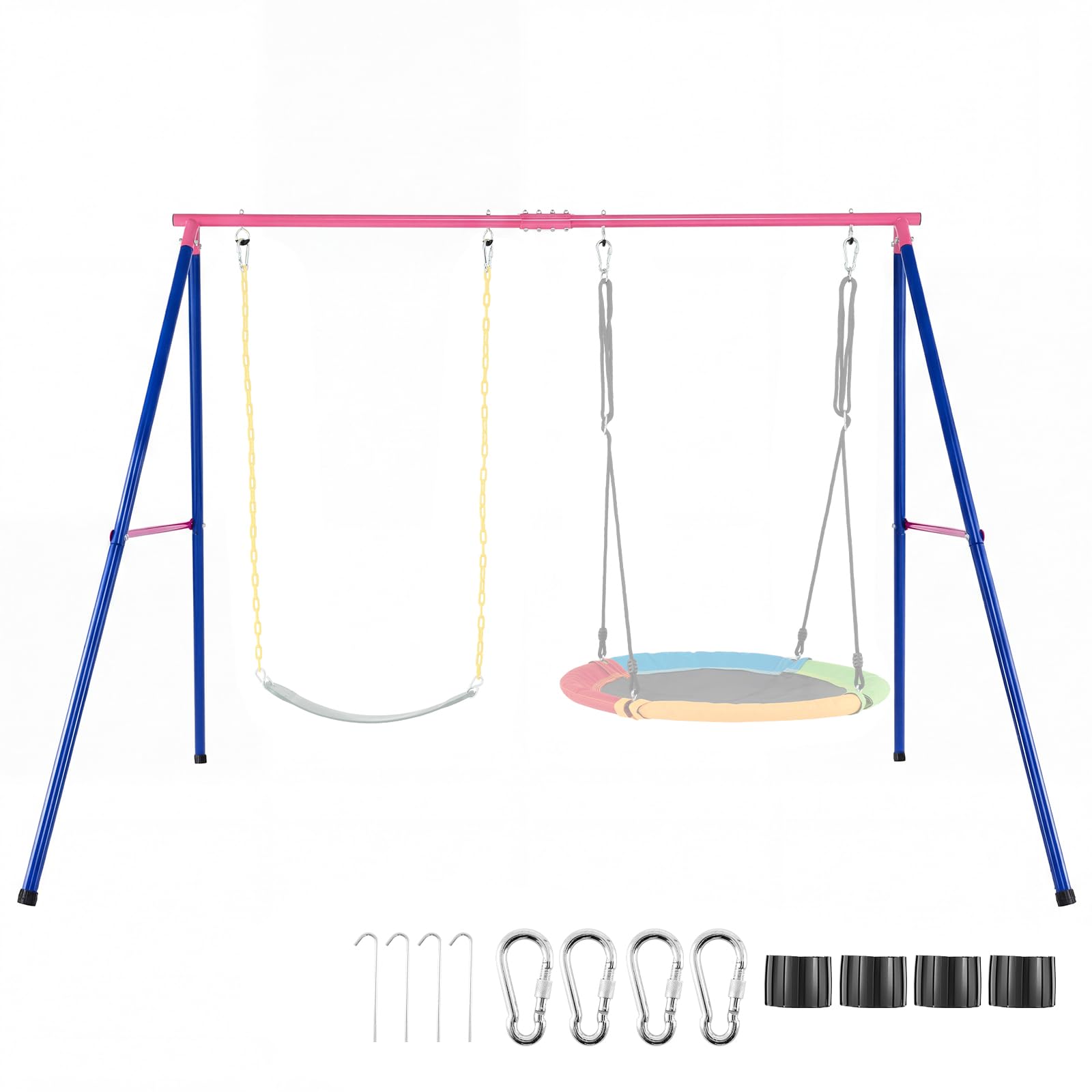 COSTWAY Metal Swing Stand for 2 Swings, A-Frame with Ground Stakes, Carabiners & Foot Caps (Red+Navy)