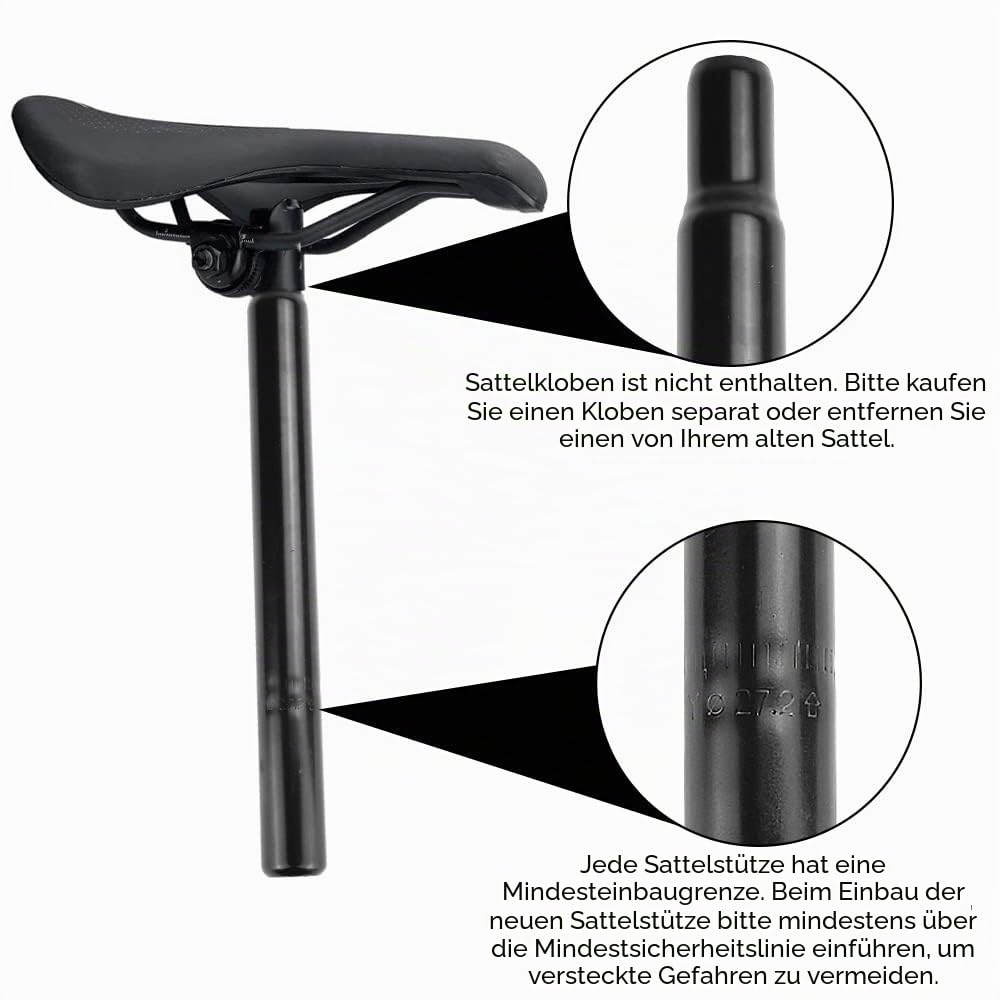 AFASOES Fahrrad Sattelstütze 27,2 x 300 mm Schwarz MTB
