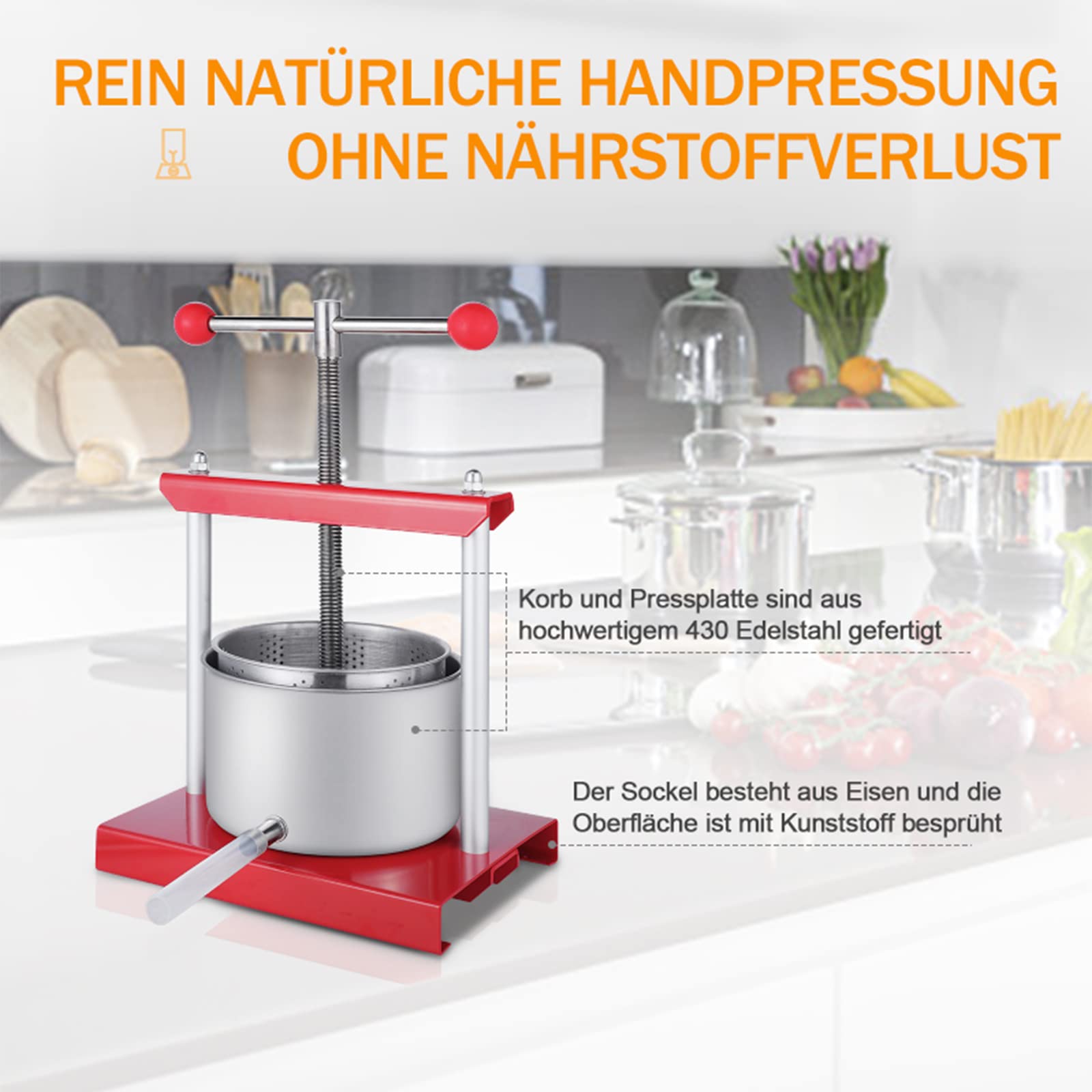 ACXIN 3L Obstpresse Edelstahl Weinpresse Saftpresse Manuell Fruchtpresse Apfelpresse Beerenpresse für Obstladen, Restaurants, Familienfeste, Selbstbrauen