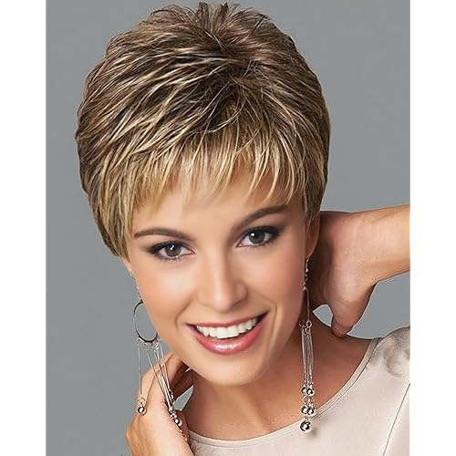 SEVENCOLORS Short Dark Brown Mixed Blonde Pixie Cut Wigs for Women Synthetic Layered Highlight Wigs with Bangs Natural Hair Replacement Wig
