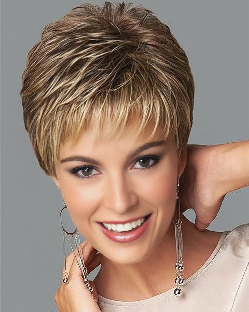 SEVENCOLORS Short Dark Brown Mixed Blonde Pixie Cut Wigs for Women Synthetic Layered Highlight Wigs with Bangs Natural Hair Replacement Wig