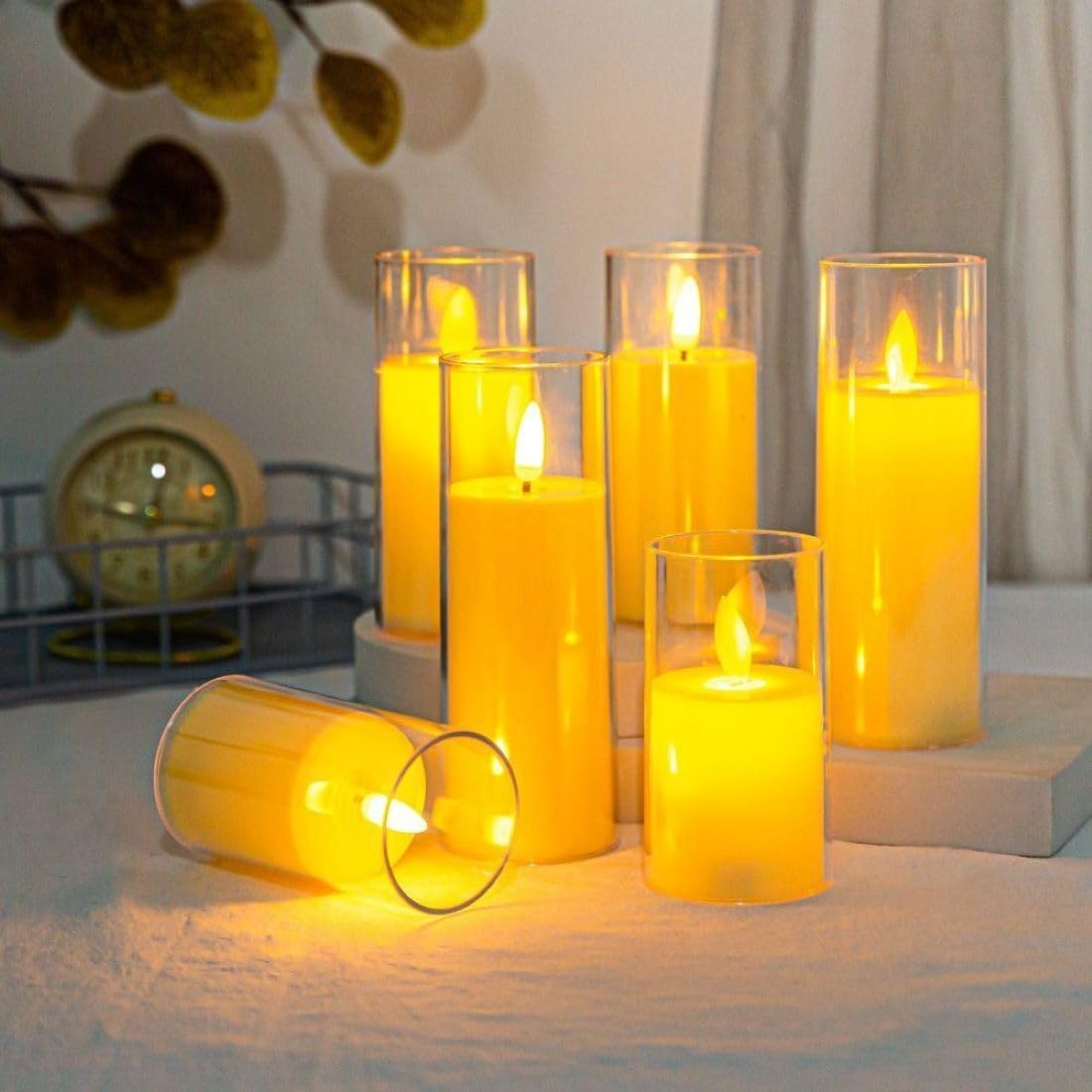 INFISPACE Acrylic Battery Operated Glass Pillar Candle with Moving Flame LED Light for Home Decoration Diwali & Christmas (Black) (1)